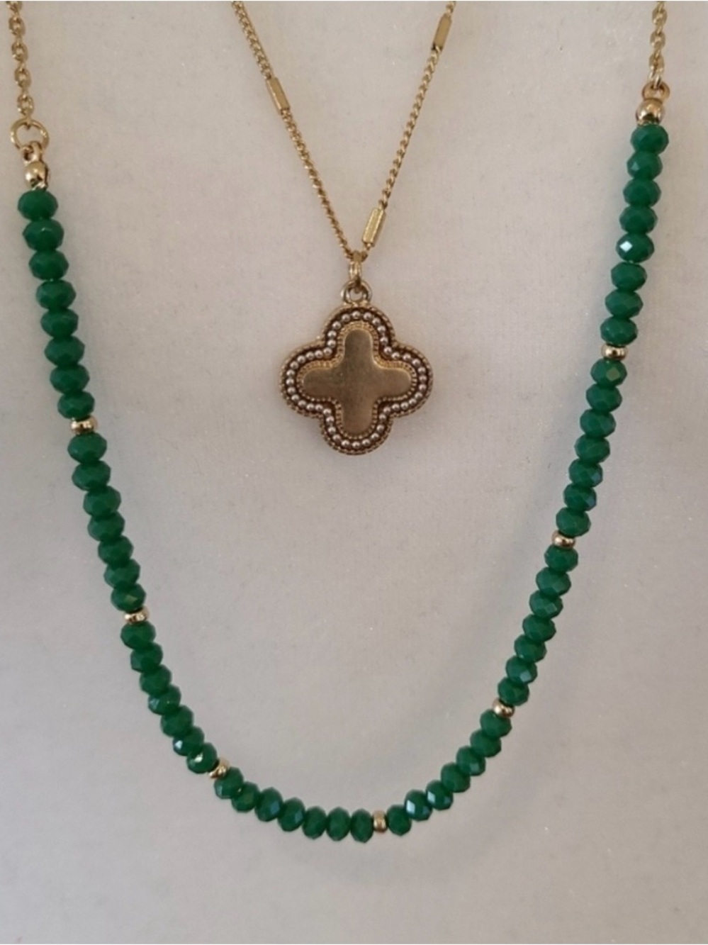 Anthropologie Gold Layered Necklace with Green Beads - Picture 2 of 4